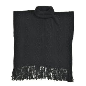 LA MAREY - gestrickter Halskragen Poncho mit Fransen, One Size, Elfenbein