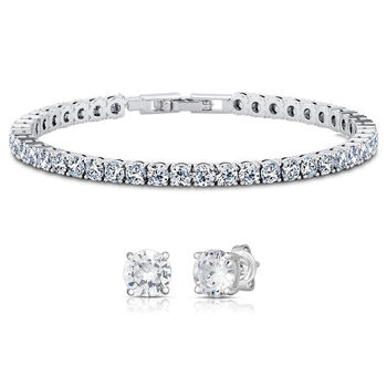 2er Set - Wei&szlig;er Zirkonia Armband und ohrstecker (Rund) Messing rhodiniert