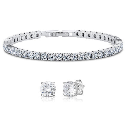 2er Set - Wei&szlig;er Zirkonia Armband und ohrstecker (Rund) Messing rhodiniert