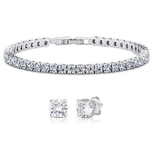2er Set - Weißer Zirkonia Armband und ohrstecker (Rund) Messing rhodiniert image number 0