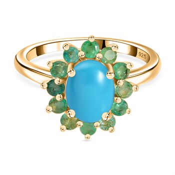 AA Amerikanischer nat&uuml;rlicher Sleeping Beauty T&uuml;rkis, Kagem Sambischer Smaragd Ring 925 Silber 750 Gelbgold Vermeil (Gr&ouml;&szlig;e 18.00) ca. 1.61 ct