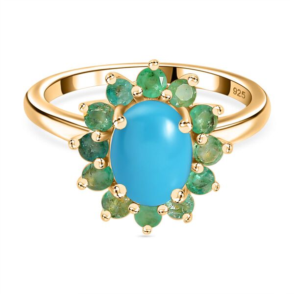 AA Amerikanischer nat&uuml;rlicher Sleeping Beauty T&uuml;rkis, Kagem Sambischer Smaragd Ring 925 Silber 750 Gelbgold Vermeil (Gr&ouml;&szlig;e 18.00) ca. 1.61 ct