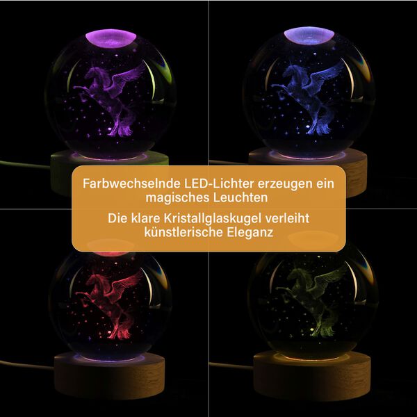 3D-Kristallglaskugel mit Einhorn, LED-Beleuchtung, 8cm, Farbwechsellicht image number 2