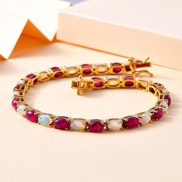 AA Afrikanischer Rubin (Fissure gef&uuml;llt), Nat&uuml;rlicher, &auml;thiopischer Welo Opal Armband ca. 19 cm 925 Silber 750 Gelbgold Vermeil ca. 15.61 ct image number 2