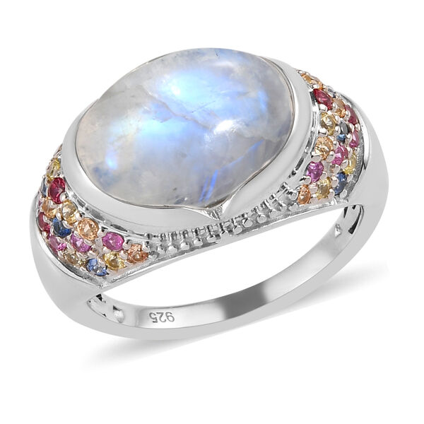 Regenbogen Mondstein und mehrfarbiger Saphir-Ring, 925 Silber  ca. 9,06 ct image number 5