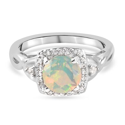Nat&uuml;rlicher &Auml;thiopischer Opal und Zirkon Halo Ring 925 Silber platiniert (Gr&ouml;&szlig;e 20.00) ca. 0,91 ct