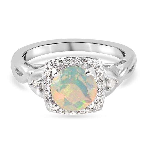 Nat&uuml;rlicher &Auml;thiopischer Opal und Zirkon Halo Ring 925 Silber Platin-&Uuml;berzug