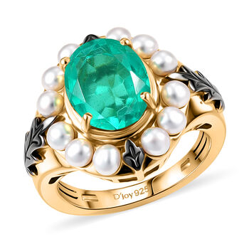 D'Joy Smaragd-Quarz Triplette, S&uuml;&szlig;wasser Perle (3mm) Ring 925 Silber 750 Gelbgold Vermeil (Gr&ouml;&szlig;e 17.00)