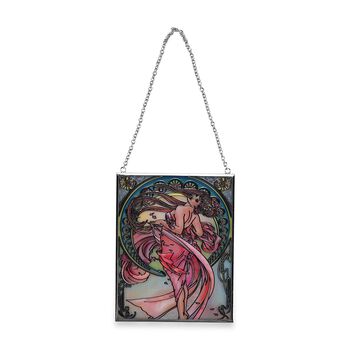 Handbemalter Glas Suncatcher mit Kette, silberfarbenem Rahmen, Alphonse Mucha Motiv Art-Deko, 12x15 cm