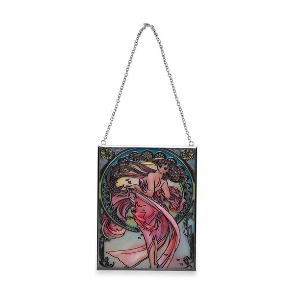 Handbemalter Glas Suncatcher mit Kette, silberfarbenem Rahmen, Alphonse Mucha Motiv Art-Deko, 12x15 cm image number 2