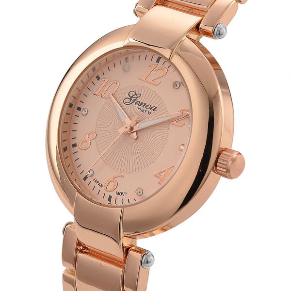GENOA TIME V2 Uhr mit Japanischem Miyota 2035 Werk, Zifferblatt Roségoldfarben mit Prägemuster und Weißen Kristallen, Edelstahlarmband Roségoldfarben, 3 ATM wasserdicht image number 3