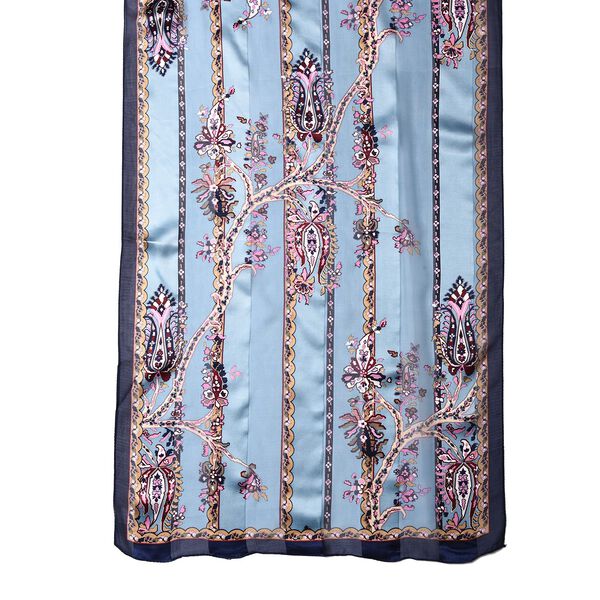 LA MAREY: Bedruckter Schal aus 100% Maulbeerseide, Schnörkel-Blumenmuster, inkl. Geschenkbox, Blau-Rosa image number 4