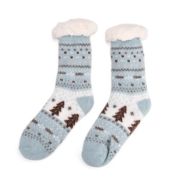 Kuschelige Sherpa Socken, Weihnachtsbaum-Muster, Blau