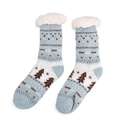 Kuschelige Sherpa-Socken mit Weihnachtsbaum-Motiv, Blau