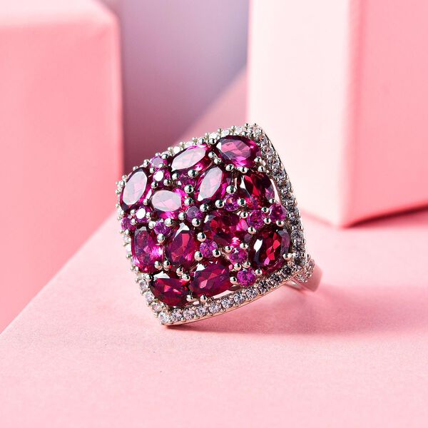 Rhodolith Granat und Zirkon-Cluster-Ring, 925 Silber platiniert, 8,70 ct. image number 2