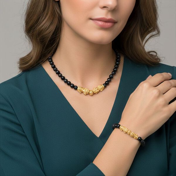 Schwarzer Glasachat Schmuckset Legierung gelb vergoldet ca. 430.00 ct image number 3