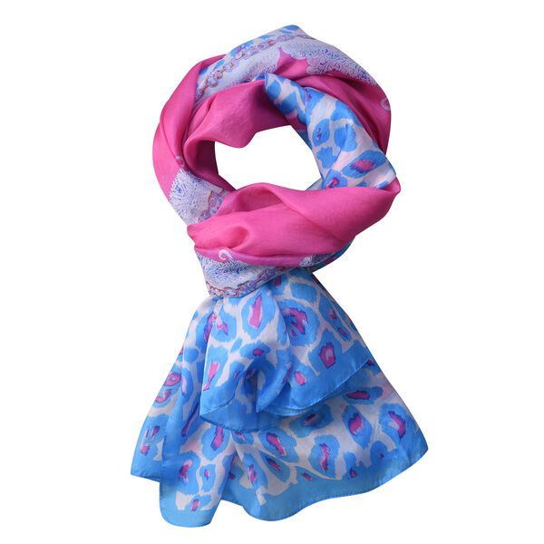 LA MAREY 100% bedruckter Seidenschal, Gr&ouml;&szlig;e 110x178 cm, Blau und Rosa