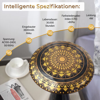 Kabellose Tischlampe mit Touch-Steuerung, Magnetdesign und Orientalisches Muster, 23x31cm, Schwarz