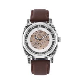 Genoa Time V2 Automatik-Uhr mit Schwarz Oxidiertem Graviertem Gehäuse und Braunem Lederarmband