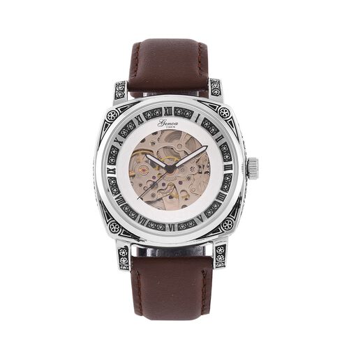 Genoa Time V2 Automatik-Uhr mit Schwarz Oxidiertem Graviertem Gehäuse und Braunem Lederarmband image number 0