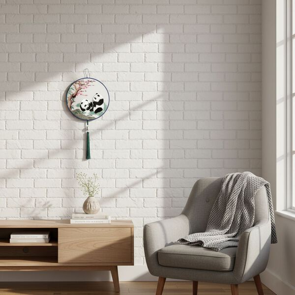 LIVMORE Doppelseitige Stickerei Seidenwanddekoration mit Jadequaste, 20cm, Panda-Muster image number 2