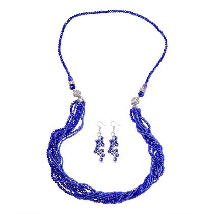 2er Set - Mehrreihige Blaue Kristall Perlen Halskette und passende Ohrringe