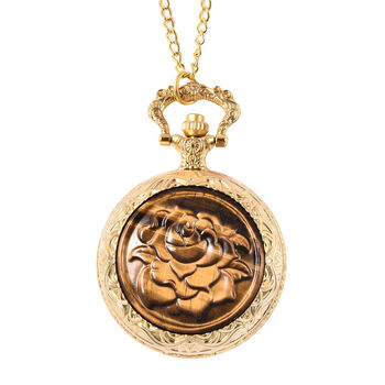 Strada - Tigerauge-Taschenuhr mit Rosenmuster, Japanisches Uhrwerk, goldfarben