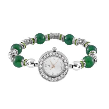 STRADA - Gr&uuml;ner Achat, Wei&szlig;er Kristall Flexibles Armband-Uhr, Japanisches Uhrwerk, ca. 18-19cm,  Schwarz oxidiert