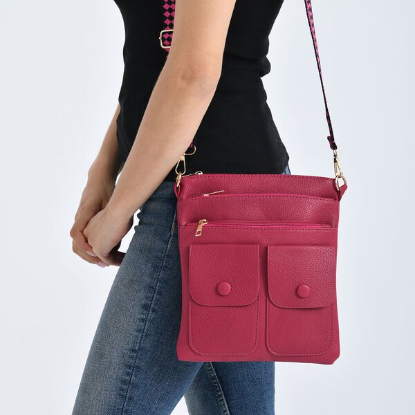 Umh&auml;ngetasche aus feinem Lederimitat mit mehreren Taschen, 120cm Trageriemen, 24x27cm, Rosenrot image number 4