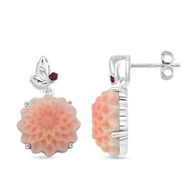 D'Joy Natürlicher Rosa Königsmuschel Perle, Roter Granat Ohrringe 925 Silber rhodiniert