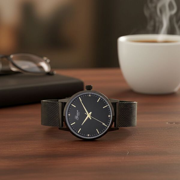 GENOA TIME - V2 Automatik Armbanduhr, Geh&auml;use 316 Edelstahl Sonnenschein Zifferblatt mit wei&szlig;em Diamant Edelstahl Mesharmband, schwarz image number 2