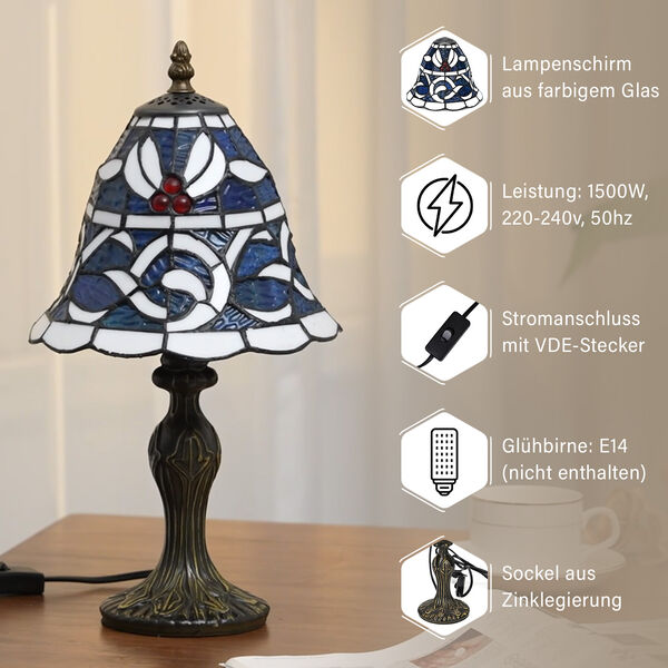 Handgefertige Tiffany-Stil Tischlampe, Buntglas, Glockenform, Blau image number 4