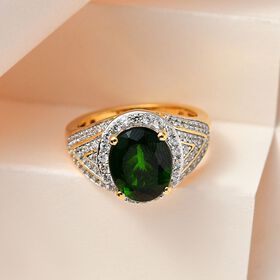 AA Natürlicher Chromdiopsid, Weißer Zirkon Ring, 925 Silber Gelbgold Vermeil (Größe 17.00), ca. 4.77 ct