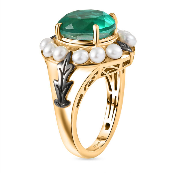 D'Joy - Perlenkrone Smaragd-Quarz Triplette, S&uuml;&szlig;wasser Perle (3mm) Ring 925 Silber 750 Gelbgold Vermeil (Gr&ouml;&szlig;e 18.00) 6.40 ct image number 4