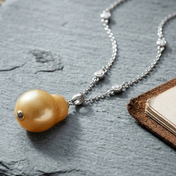 EVER TRUE Wei&szlig;er Zirkonia, Goldene Muschelkernperle (18-20mm) Halskette ca. 50 cm Nickelfreies Messing rhodiniert image number 1