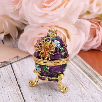 Handgemachte Ei-f&ouml;rmige Schmuckdose mit Bienen- und Blumenverzierung, magnetischer Verschluss, 4.5x7.5 cm, Lila