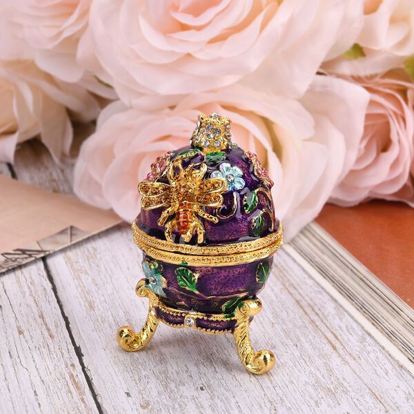 Handgemachte Ei-f&ouml;rmige Schmuckdose mit Bienen- und Blumenverzierung, magnetischer Verschluss, 4.5x7.5 cm, Lila image number 2