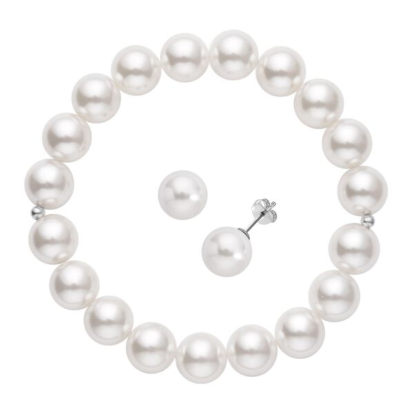 2er Set -Wei&szlig;es Muschelkernperlen-Armband und Ohrringe, (11-13mm), 925 Silber rhodiniert