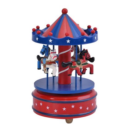 4 Pferde Holz Karussell Spieluhr, 18x10cm, blau und rot