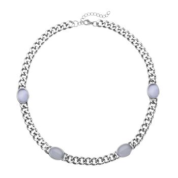 K&uuml;nstliche, wei&szlig;e Katzenaugen Halskette, ca. 50 cm, 316L Edelstahl, ca. 25.00 ct