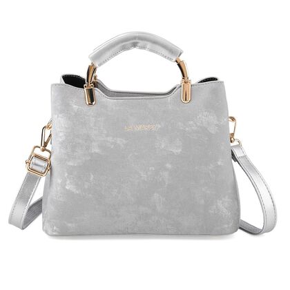 LA MAREY Satchel Tasche mit Rei&szlig;verschlussf&auml;chern und verstellbarem Schulterriemen 25 x 20 x 11 cm Silber