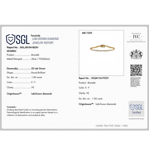 LUXURIANT DIAMOND- SGL zertifiziertes VS-EF Labor Diamant 19cm Armband, 925 Silber Gelbgold Vermeil - 1 ct. image number 4