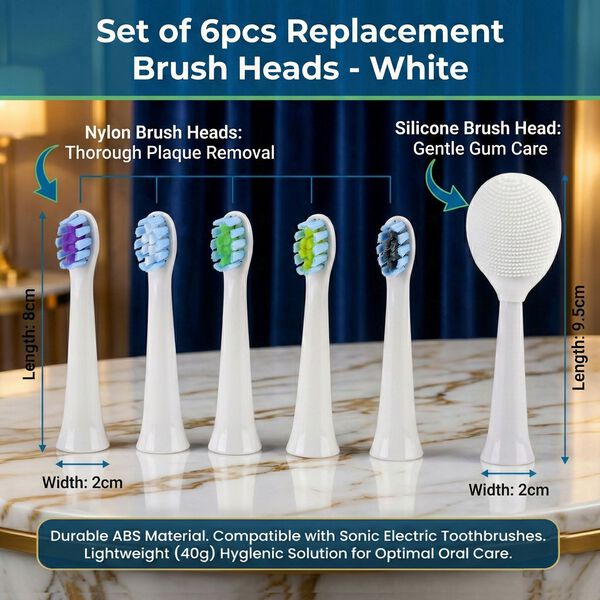 Set of 6pcs replacement head - white 5PCS Nylon Brush+1PC Silicone Brush   Size: Nylon Brush:8*2cm; Silicone Brush:9.5*2cm                                   Weight: 40g Material: ABS  image number 4