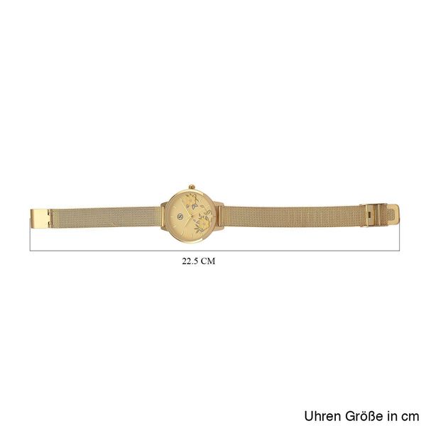 STRADA Uhr mit Japanischem PC21S Werk, Edelstahl-Mesharmband Goldfarben, florales Zifferblatt Gelb mit Wei&szlig;em Kristall image number 8
