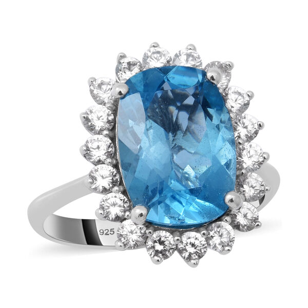 Blauer Topas und wei&szlig;er Zirkon-Ring, 925 Silber platiniert  ca. 10,13 ct