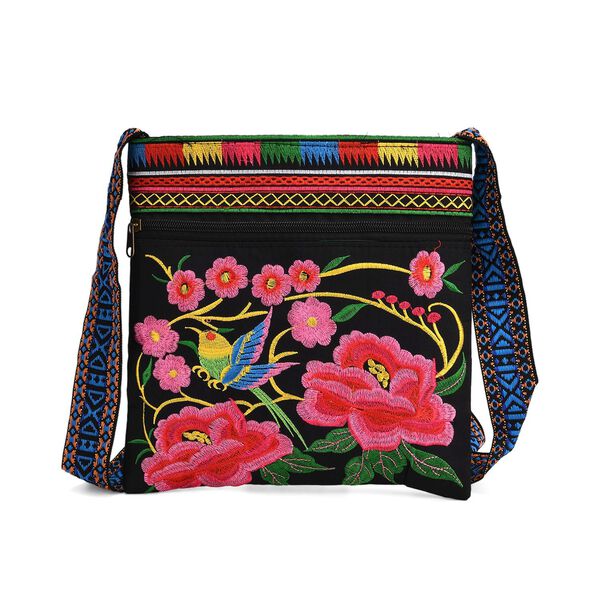 Crossbody-Tasche mit Blumenstickerei, ethnischem Boho-Muster, 23x24cm, Schwarz-Bunt