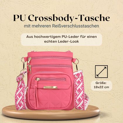 Crossbody-Tasche mit mehreren F&auml;chern, 19x22?cm, Rosa-Grau mit gemustertem Schultergurt, rosa