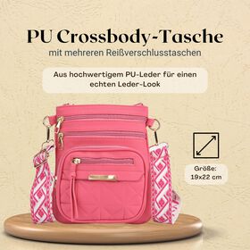 Crossbody-Tasche mit mehreren Fächern, 19x22?cm, Rosa-Grau mit gemustertem Schultergurt, rosa