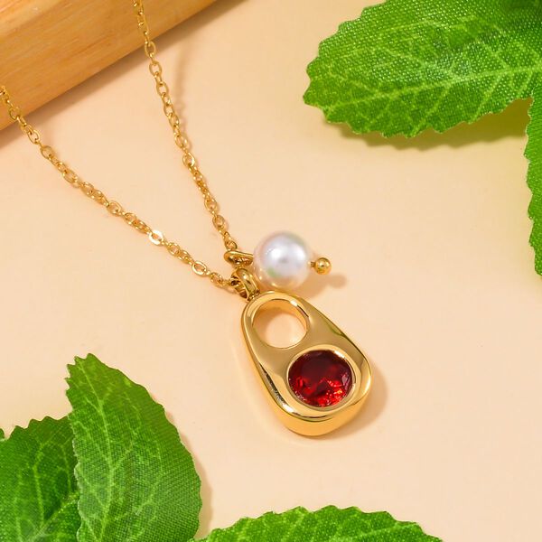 Rote Kristall und wei&szlig;e Muschelkernperle-Halskette, 50 cm image number 1