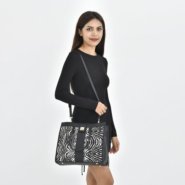 LA MAREY - Echtleder Handtasche 33x14x27,5cm, Griff 11cm, Crossbody 120cm, schwarz mit Zebramuster image number 2